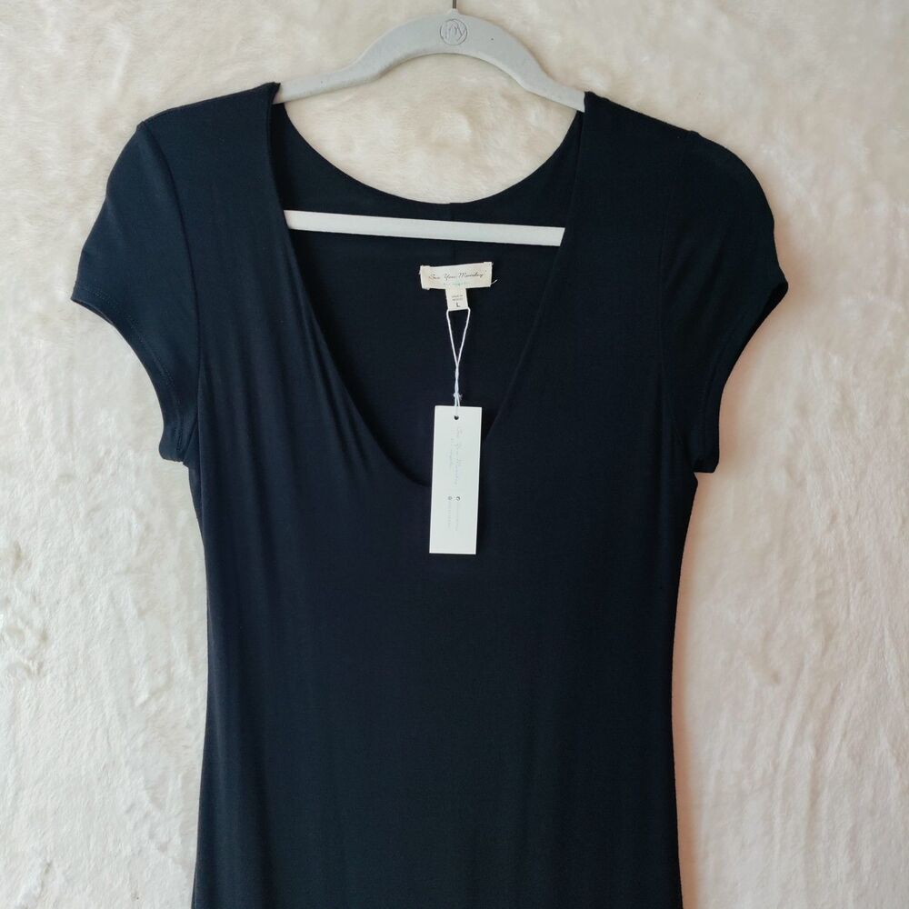 See You Monday Bodycon Midi Dress Black Stretch Cap Sleeve Lined Women's Sz L - Picture 5 of 16